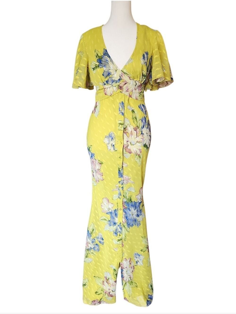 ASOS CHARTREUSE FLORAL V-NECK BACKLESS CROSS CHEST FITTED MAXI DRESS NWOT SIZE 2 - Picture 2 of 11